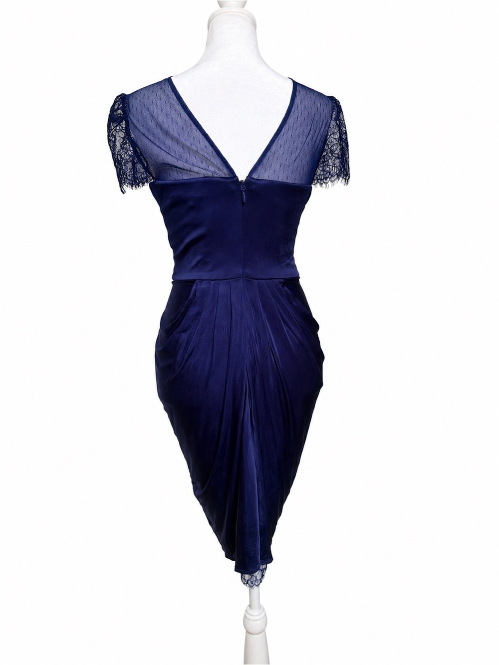 BCBGMAXAZRIA Navy Blue Lace Illusion Ruched Sheath Cocktail Dress S - Picture 2 of 12